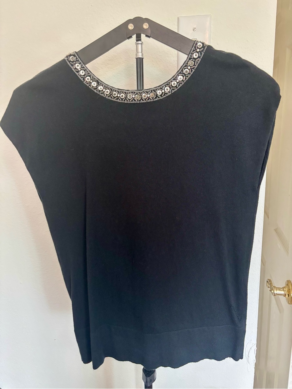 Black Beaded Neckline Women's Top - Elegant Sleeveless Knit